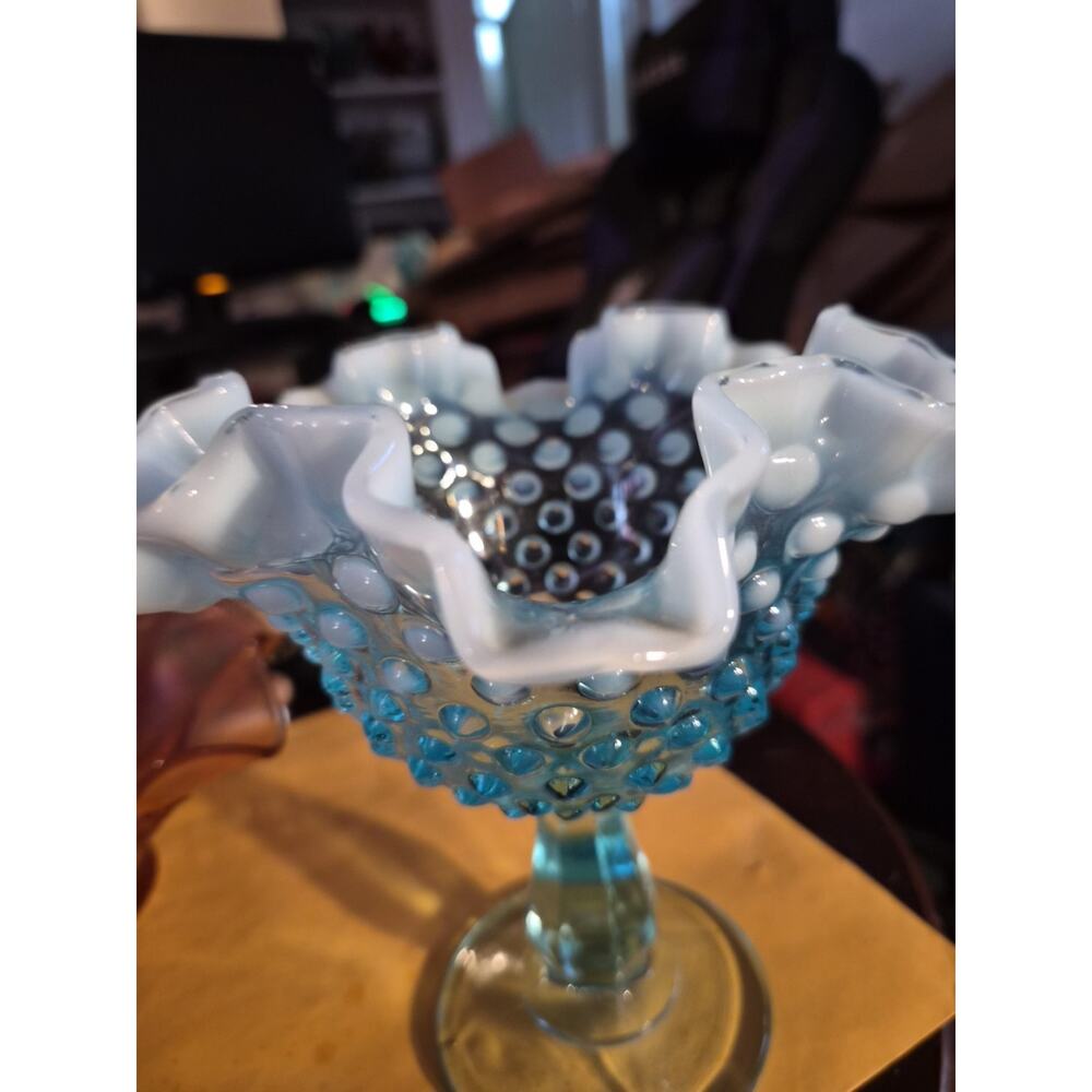 Vintage Fenton Art Glass Blue Opalescent Hobnail Compote